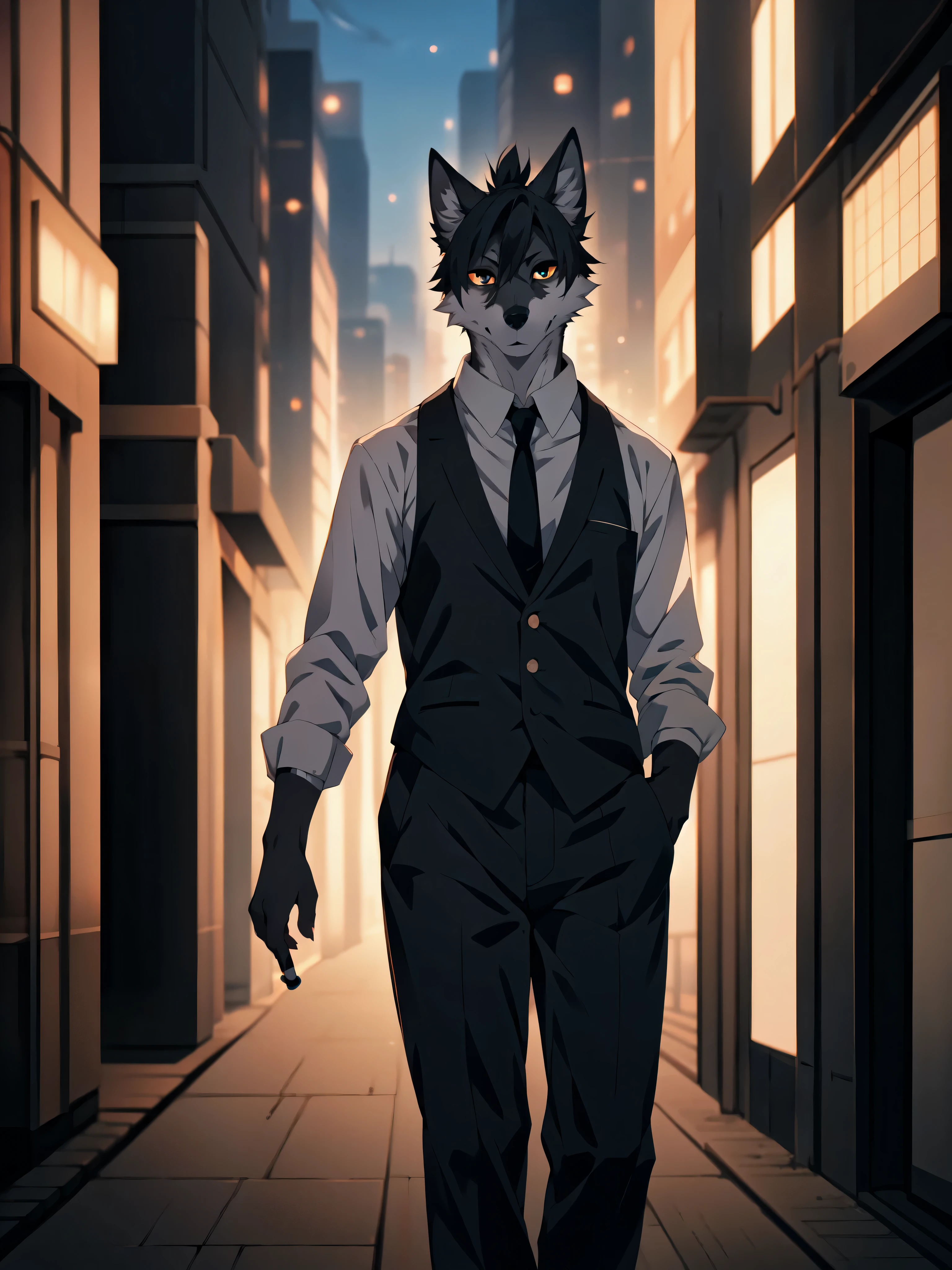 Masterpiece, best quality, High quality, 1 boy, alone, focus man, looking at the audience, upper body, Hayakawa_WHO, black hair, topknot:1.4, full body shot, Furry Anthro Black Wolf, black wolf ears, white ear fluff, Cute nose, black nose, Fine black eyes with sclera, Wear a suit and tie., White button-up shirt underneath., smoking, walking place, In the beautiful city of Tokyo at night, hand in his pocket, serious face, By Fumiko, by Hyatt Lane, By Hioshiru, upper body shot