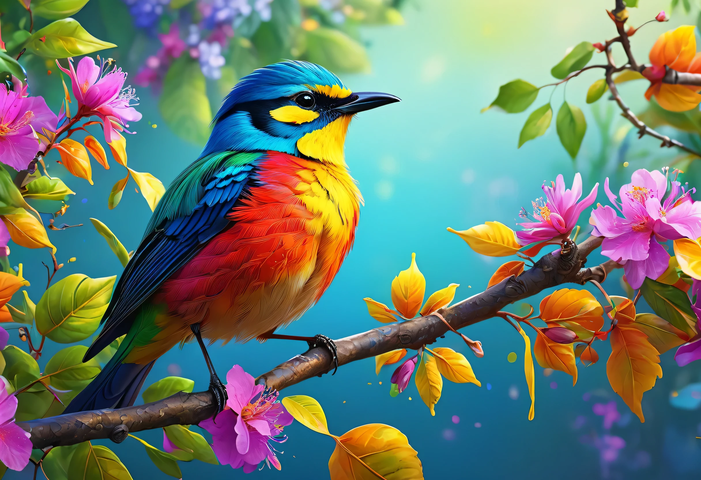 Brightly colored bird perched on a branch with leaves and flowers, Colorful 8 k, Highly detailed digital art in 4K, colorful hd images, Beautiful art UHD 4K, Long colorful bird, Detailed painting 4k, beautiful and colorful, Colorful 4K, vivid realistic colors, Highly detailed digital painting, Beautiful digital painting, 8k high quality detailed art
