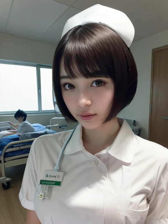 1 girl,(Wearing white nurse clothes:1.2),(Raw photo, highest quality), (Realistic, photo-Realistic:1.4), masterpiece, Very delicate and beautiful, very detailed, 2k wallpaper, wonderful, finely, very detailed CG unity 8k wallpaper, Very detailed, High resolution, Soft Light, Beautiful detailed girl, very detailed eyes and face, Beautifully detailed nose, finely beautiful eyes, nurse, Perfect Anatomy, Black Hair, Upstyle, nurse uniform, ((nurse cap)), Long skirt, nurse, White costume, thin, hospital, clear, White uniform, hospital room, Neck auscultation, Short Hair, ((fluffy bob cut)), 