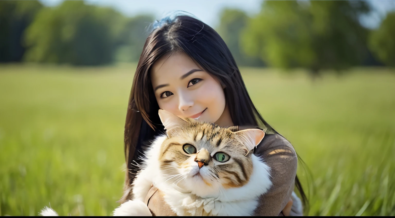 Beautiful woman holding a cat,Vast plains、Cute Cat、Hiki's picture