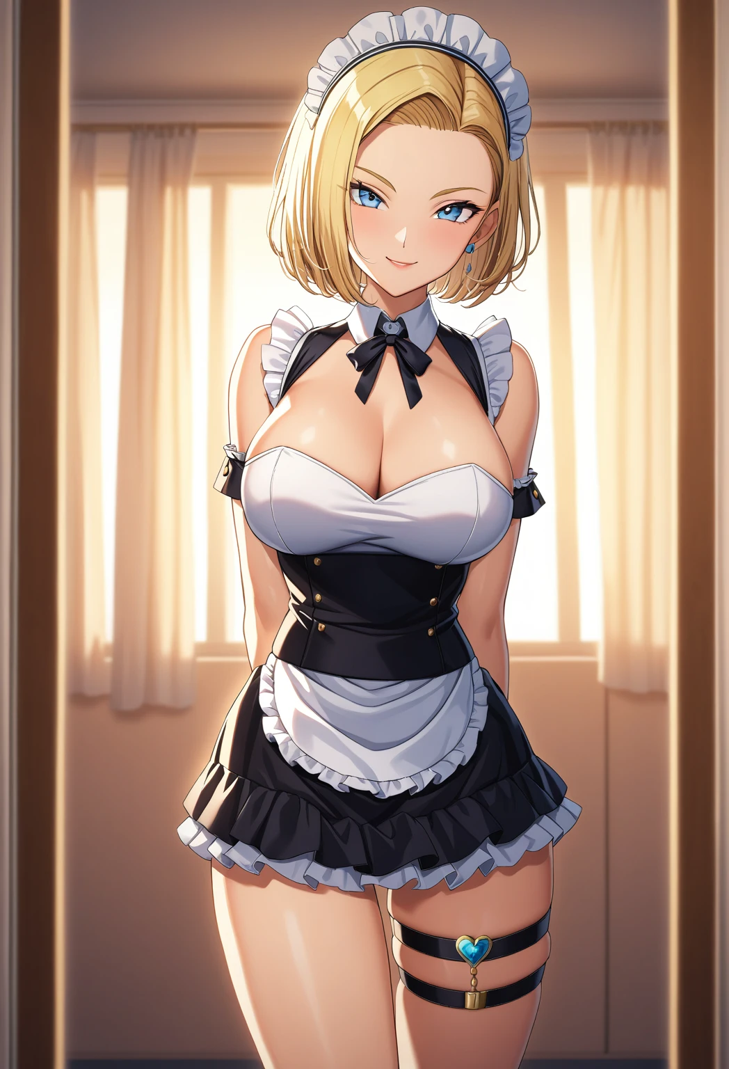 sysdeep_android18, 1girl, solo, breasts, looking_at_viewer, smile, short_hair, blue_eyes, blonde_hair, (highly detailed skin), (golden hour), photographic, gorgeous, glamourous , large breasts, bedroom, cowboy shot, arms behind back, thigh strap, maid headdress, wrist cuffs,