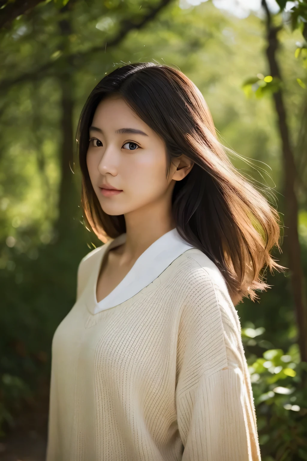 masterpiece, Best Quality, Raw photo, 8K, ultra-detailed face, 1girl, Beautiful detailed skin, backlight, soft light, bashful, (shoot from front:1.2), sad, open your mouth to say something, Luminescent, Anatomically correct, Medium hair, hair blown by the wind, Eyes and faces with detailed, Textured skin, Professional Photography, Bokeh, Portrait, Professional Lighting, Solo, Cute, Girly, Film grain, silk blouse, skirt, outside, forest shining in the morning sun,