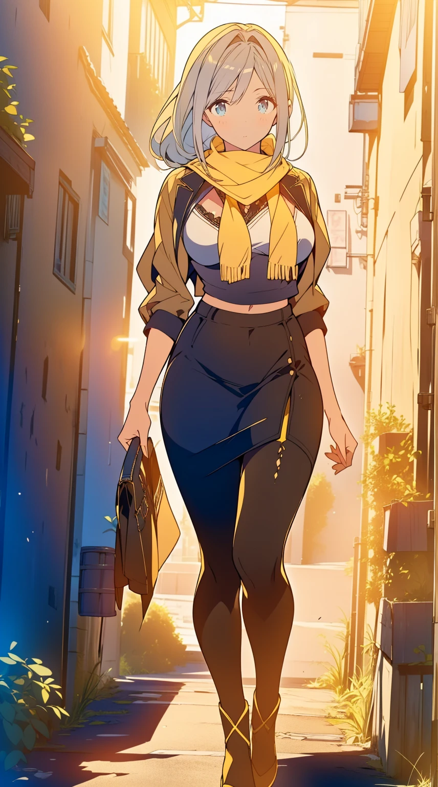 1 garota,20s,mulher madura,cabelo longo, cabelo branco,cabelo encaracolado,olhos amarelos,(cara de bravo), medium breasts,mostrar barriga,decote,chifres,orelhas de elfo,((yellow scarf)),(((walking in an alley of a city at noite,noite))),tiro de vaqueiro,de frente,(camiseta preta,black pencil skirt,Black leather pants),