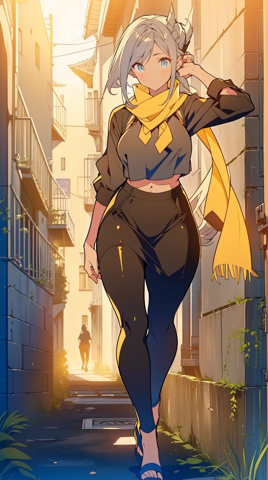 1 garota,20s,mulher madura,cabelo longo, cabelo branco,cabelo encaracolado,olhos amarelos,(cara de bravo), medium breasts,mostrar barriga,decote,chifres,orelhas de elfo,((yellow scarf)),(((walking in an alley of a city at noite,noite))),tiro de vaqueiro,de frente,(camiseta preta,black pencil skirt,Black leather pants),