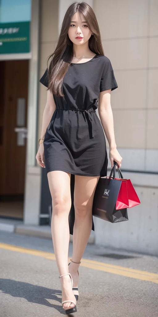 mix4, 20d, solo, long_hair, shirt, dress, high_heels, full_body, look_at_viewer, (8k, RAW photo, best quality, mastery:1.2), (realistic, photo-realistic:1.37), professional lighting, photon mapping, light energy transfer, physically based rendering,