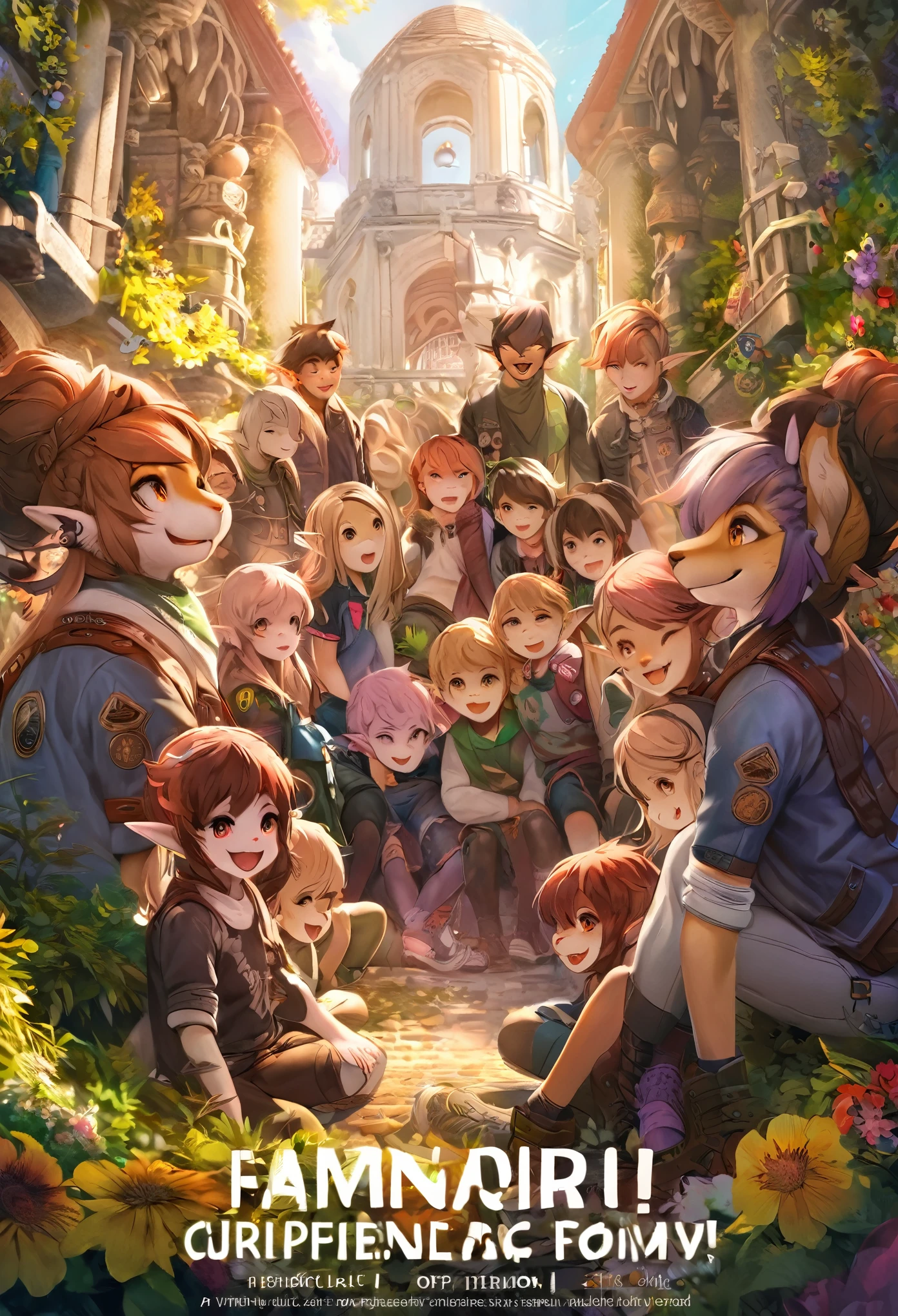 cover_page, highres, top quality, best quality, paid reward available, High-quality illustrations, unparalleled masterpiece, perfect artwork, absurdres, super high resolution, detailed background, elf punk, Beautiful World Heritage, 6+boys, 6+girls, Happy, joyful(Photo of family trip)(kemono, furry anthro)cinematic lighting, dynamic angle,