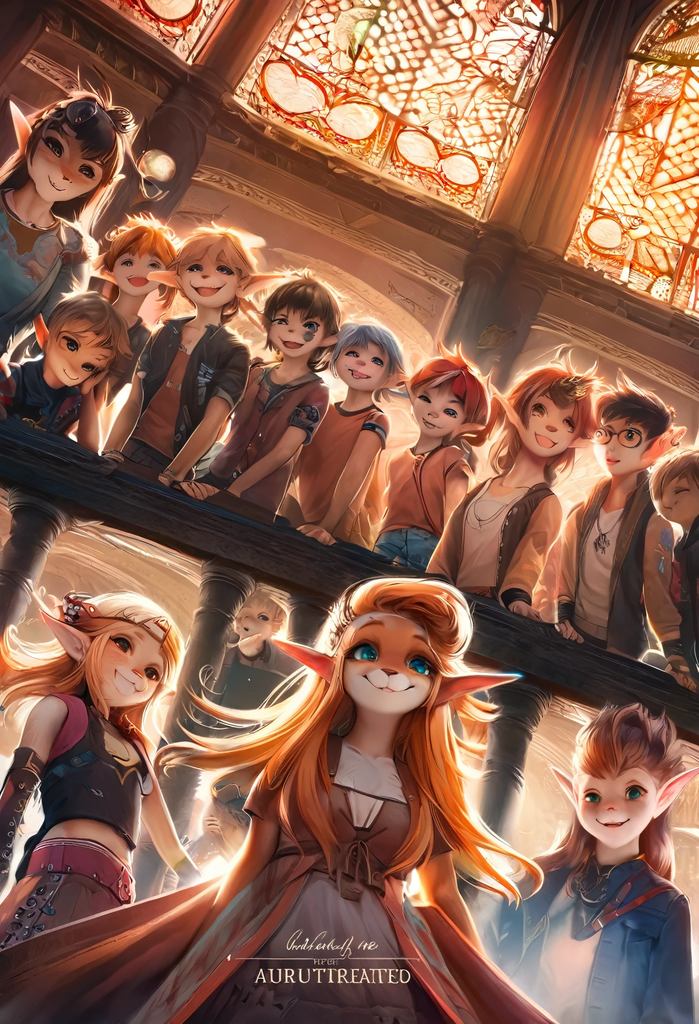 cover_page, highres, top quality, best quality, paid reward available, High-quality illustrations, unparalleled masterpiece, perfect artwork, absurdres, super high resolution, detailed background, elf punk, Beautiful World Heritage, 6+boys, 6+girls, Happy, joyful(Photo of family trip)(kemono, furry anthro)cinematic lighting, dynamic angle,