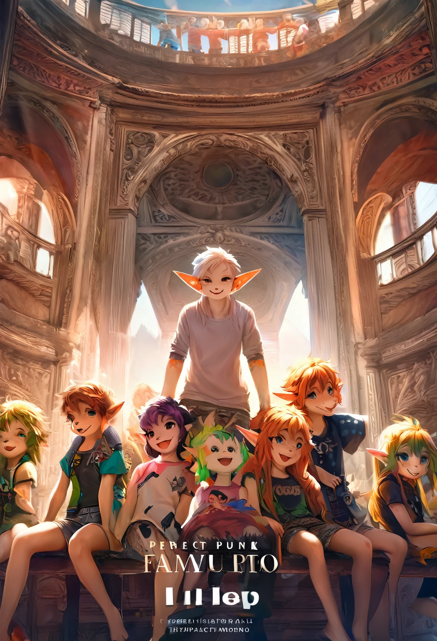 cover_page, highres, top quality, best quality, paid reward available, High-quality illustrations, unparalleled masterpiece, perfect artwork, absurdres, super high resolution, detailed background, elf punk, Beautiful World Heritage, 6+boys, 6+girls, Happy, joyful(Photo of family trip)(kemono, furry anthro)cinematic lighting, dynamic angle,