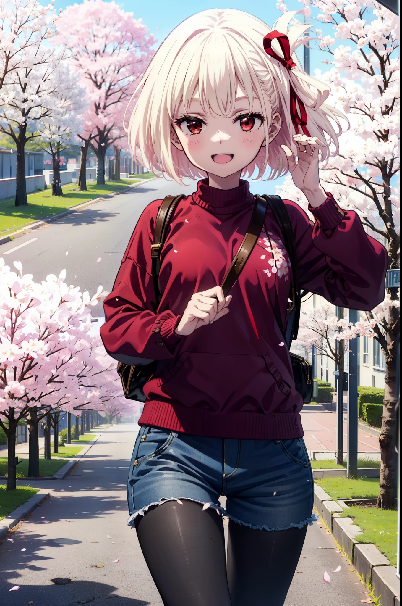 chisatonishikigi, Chisato Nishikigi, long hair, bangs, Blonde, (Red eyes:1.5), hair ribbon, happy smile, smile, Open your mouth,Red oversized sweater,Shorts,Black pantyhose,Mini Boots,Cherry blossoms are blooming,Cherry blossoms are scattered,Cherry blossom tree-lined path,
break outdoors, University School building,
break looking at viewer, (Cowboy Shot:1.5),
break (masterpiece:1.2), highest quality, High resolution, unity 8k wallpaper, (figure:0.8), (Beautiful fine details:1.6), Highly detailed face, Perfect lighting, Highly detailed CG, (Perfect hands, Perfect Anatomy),