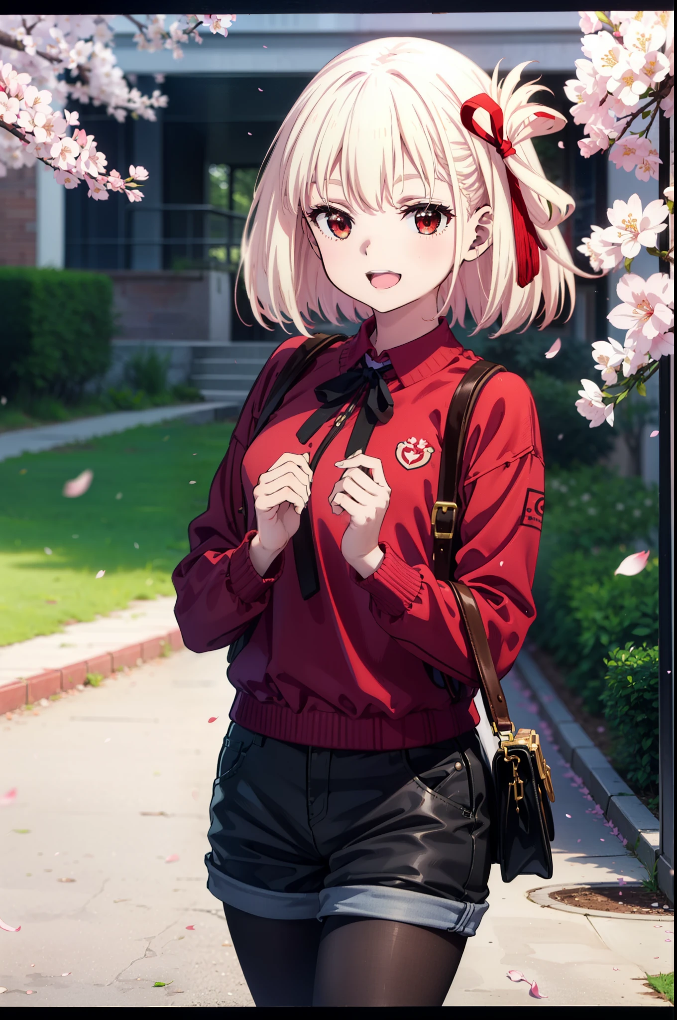 chisatonishikigi, Chisato Nishikigi, long hair, bangs, Blonde, (Red eyes:1.5), hair ribbon, happy smile, smile, Open your mouth,Red oversized sweater,Shorts,Black pantyhose,Mini Boots,Cherry blossoms are blooming,Cherry blossoms are scattered,Cherry blossom tree-lined path,
break outdoors, University　School building,
break looking at viewer, (Cowboy Shot:1.5),
break (masterpiece:1.2), highest quality, High resolution, unity 8k wallpaper, (figure:0.8), (Beautiful fine details:1.6), Highly detailed face, Perfect lighting, Highly detailed CG, (Perfect hands, Perfect ???????),