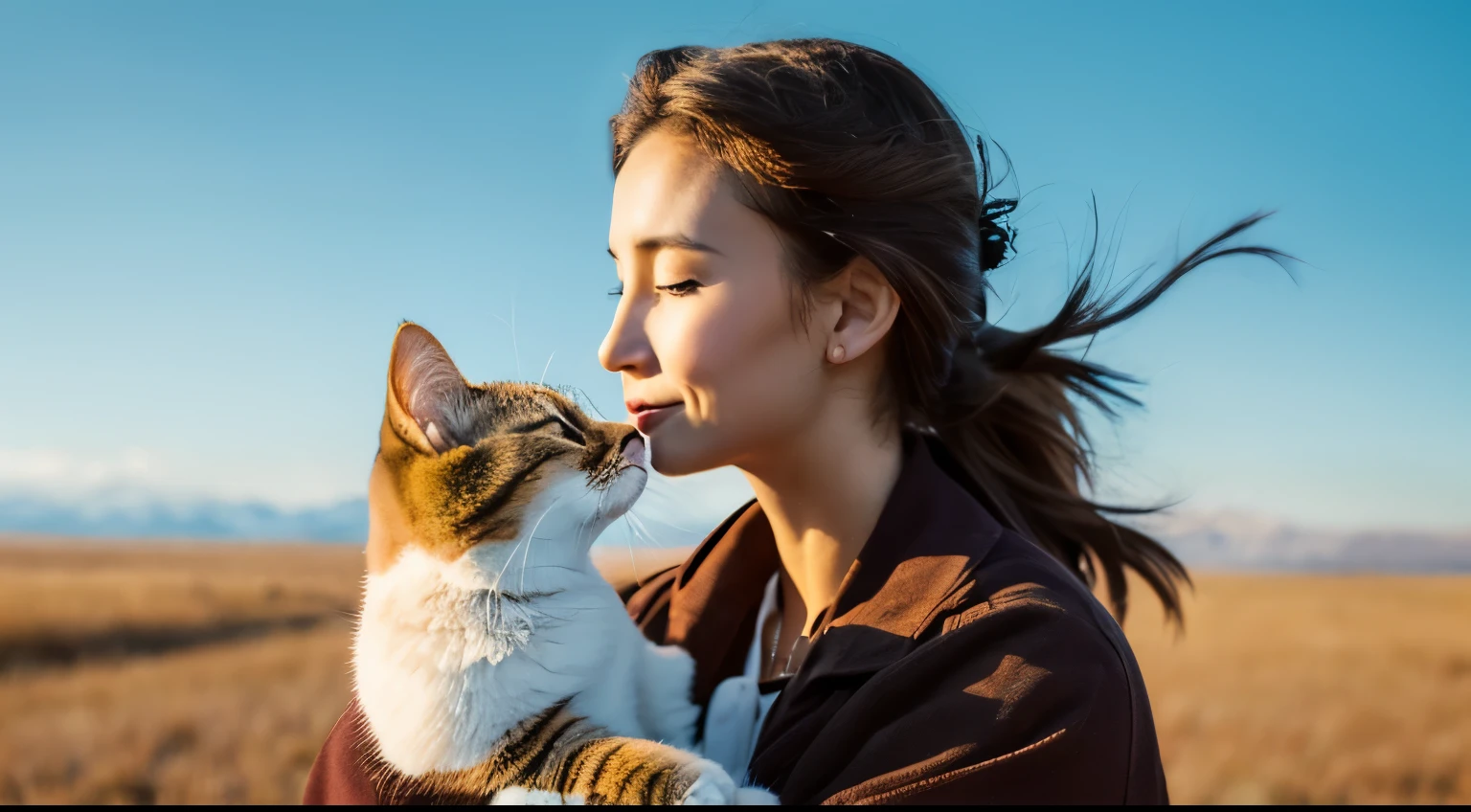 Beautiful woman holding a cat,Vast plains