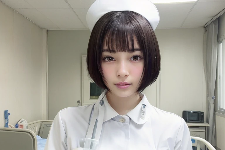 1 girl,(Wearing white nurse clothes:1.2),(Raw photo, highest quality), (Realistic, photo-Realistic:1.4), masterpiece, Very delicate and beautiful, very detailed, 2k wallpaper, wonderful, finely, very detailed CG unity 8k wallpaper, Very detailed, High resolution, Soft Light, Beautiful detailed girl, very detailed eyes and face, Beautifully detailed nose, finely beautiful eyes, nurse, Perfect Anatomy, Black Hair, Upstyle, nurse uniform, ((nurse cap)), Long skirt, nurse, White costume, thin, hospital, clear, White uniform, hospital room, Neck auscultation, Short Hair, ((fluffy bob cut)), 