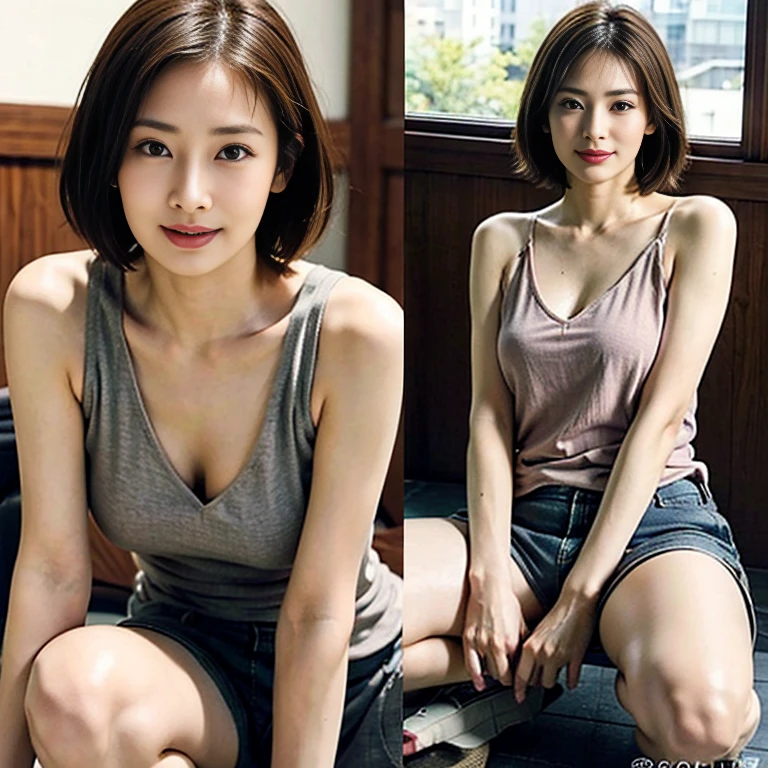 highest quality、超A high resolution、(Photorealistic:1.4)、Beautiful Eyes、Super Beauty、Very Short Hair、Beautiful breasts、Big Breasts、lover、in pairs,duo、Rough chest T-shirt、Eyes that invite the viewer、loverの視点、Attractive appearance、Sexy smile、Perfect Style、Perfect balance、Detailed skin、Mischievous Gaze、chest opens wide、Squatting with legs apart、A kind smile full of happiness、excited expression、Yawn、Out of breath、Very short transparent shorts、Transparent T-back Panties