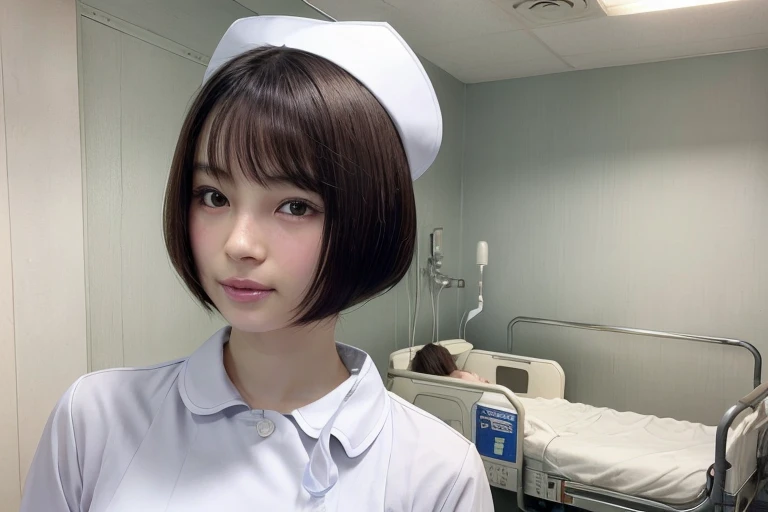 1 girl,(Wearing white nurse clothes:1.2),(Raw photo, highest quality), (Realistic, photo-Realistic:1.4), masterpiece, Very delicate and beautiful, very detailed, 2k wallpaper, wonderful, finely, very detailed CG unity 8k wallpaper, Very detailed, High resolution, Soft Light, Beautiful detailed girl, very detailed eyes and face, Beautifully detailed nose, finely beautiful eyes, nurse, Perfect Anatomy, Black Hair, Upstyle, nurse uniform, ((nurse cap)), Long skirt, nurse, White costume, thin, hospital, clear, White uniform, hospital room, Neck auscultation, Short Hair, ((fluffy bob cut)), 