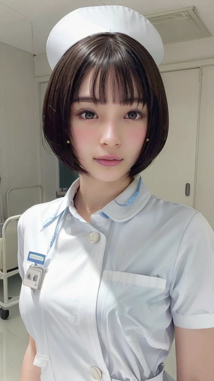 1 girl,(Wearing white nurse clothes:1.2),(Raw photo, highest quality), (Realistic, photo-Realistic:1.4), masterpiece, Very delicate and beautiful, very detailed, 2k wallpaper, wonderful, finely, very detailed CG unity 8k wallpaper, Very detailed, High resolution, Soft Light, Beautiful detailed girl, very detailed eyes and face, Beautifully detailed nose, finely beautiful eyes, nurse, Perfect Anatomy, Black Hair, Upstyle, nurse uniform, ((nurse cap)), Long skirt, nurse, White costume, thin, hospital, clear, White uniform, hospital room, Neck auscultation, Short Hair, ((fluffy bob cut)), 