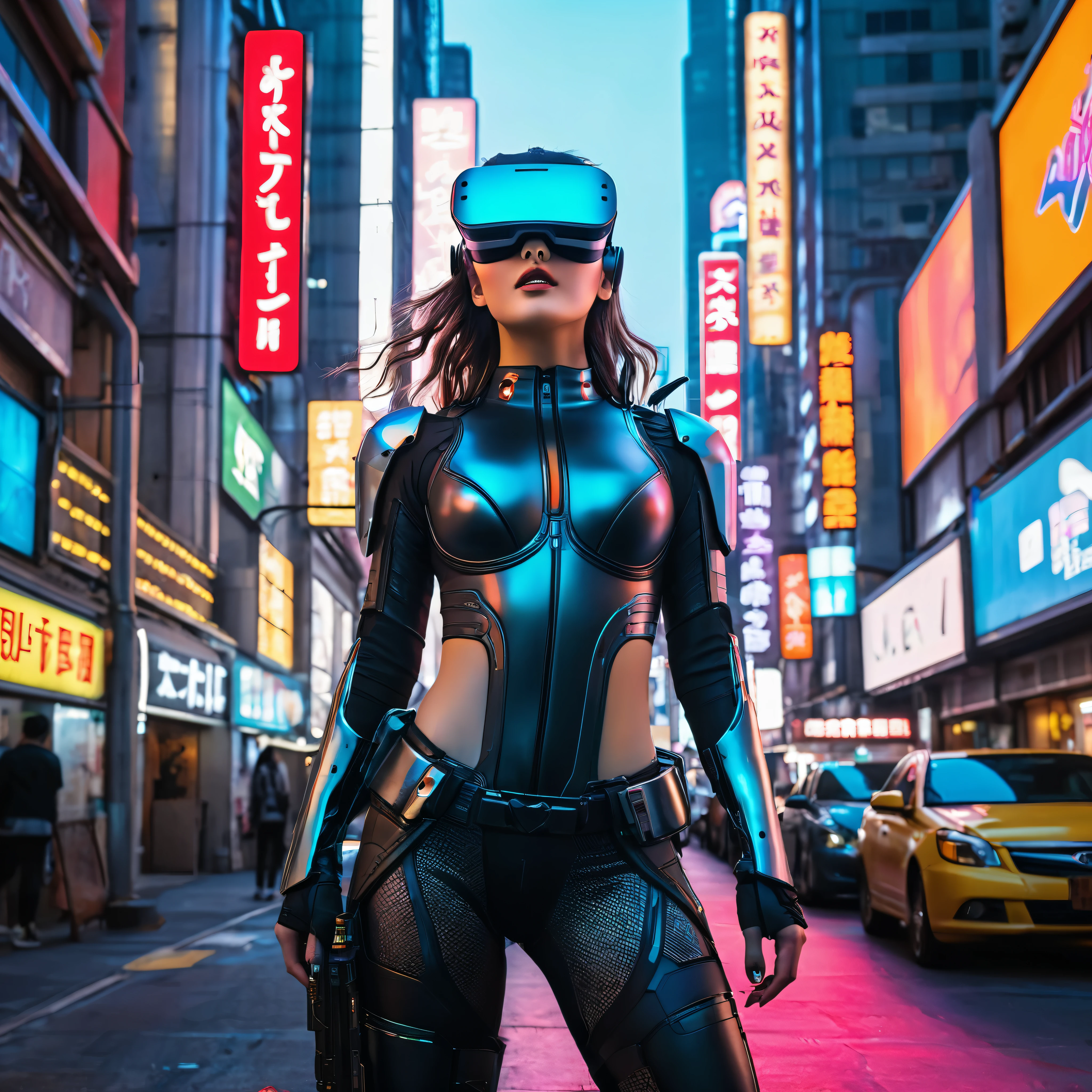 (highest quality、4k、8k、High resolution、masterpiece: 1.2)、Super detailed、(Real、Photorealistic、Photorealistic: 1.37)、SF、Beautiful young woman、Bounty Hunter、Cybernetic Weapons、Cyberspace、High Tech City、Shining neon lights、((Futuristic Fashion))、((Skin-tight, revealing clothing))、Mythical creatures、intense action、Fast-paced、Exciting soundtrack、explosion、Advanced technology、Sharp contrast、Gritty atmosphere、Black Market Trading、Skyline at night、Steampunk elements、Laser gun combat、Hidden Alley、hovering drone、Enhanced Vision、The unforgiving metropolis、Cybernetic Implants、Secret organizationysterious Informant、High Speed Chase、Impressive acrobatics、Colorful holograms、Urban Exploration、Navigating Virtual Reality、A diverse and multicultural society、Dystopian society、 Crowded city street、Hall々A high-rise building、Android Companion、Illegal cybernetic modifications、A heart-pounding adrenaline rush、Heroic determination、@maryna、crstrnmod