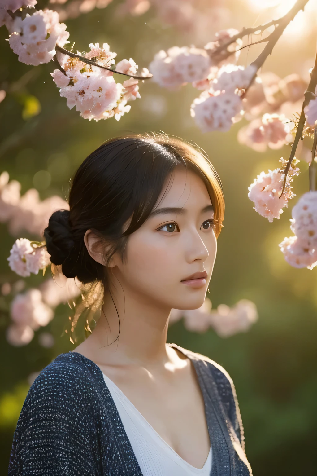 (beautiful realistic japanese woman、20-year-old、Beautiful woman)、Something strange seems to be happening、premonition、sun、air movement、(nature)、miraculous beauty、