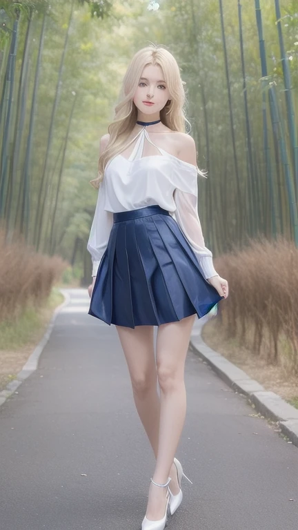 1 female々,（Standing position:2.0）, （Body with nine heads:2.0）, （Long, slender legs: 2.0）,（Legs outstretched：2.0）,（Height 2/3 is foot:2.0）,white and glossy skin, Age 25, small, elegant face, Red lips, Lips parted, ( Hair parted to one side:1.5), blue eyes, smile, Elegant young woman, long blonde shiny hair, choker,（Blue Silk Blouse :1.3)（Blue silk pleated skirt :1.3), (pumps:1.2),  Naturally Wavy Hair, Almond Eye,Slim figure, Tight waist, smallお尻, , Beautiful Hands, Narrow shoulders, Have a look at this, Bamboo forest in daytime