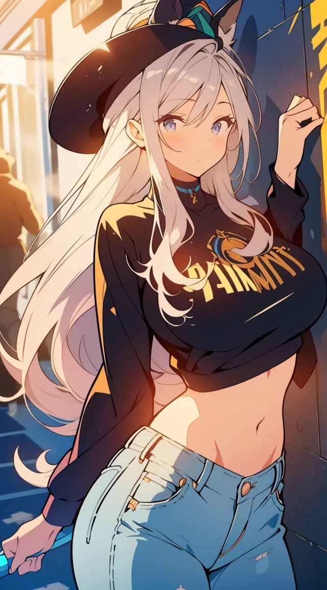 (best quality, masterpiece), 1 girl, centaur, It takes, White skin, Korean ,Smiling,exposing the abdomen,belly button t-shirt, 아름다운 소녀 perfect white tiger photo, perfect white tiger photo