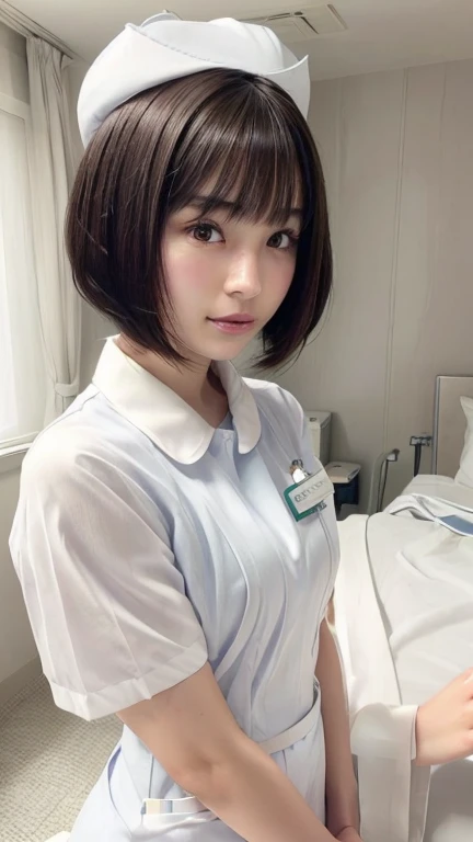 1 girl,(Wearing white nurse clothes:1.2),(Raw photo, highest quality), (Realistic, photo-Realistic:1.4), masterpiece, Very delicate and beautiful, very detailed, 2k wallpaper, wonderful, finely, very detailed CG unity 8k wallpaper, Very detailed, High resolution, Soft Light, Beautiful detailed girl, very detailed eyes and face, Beautifully detailed nose, finely beautiful eyes, nurse, Perfect Anatomy, Black Hair, Upstyle, nurse uniform, ((nurse cap)), Long skirt, nurse, White costume, thin, hospital, clear, White uniform, hospital room, Neck auscultation, Short Hair, ((fluffy bob cut)), 