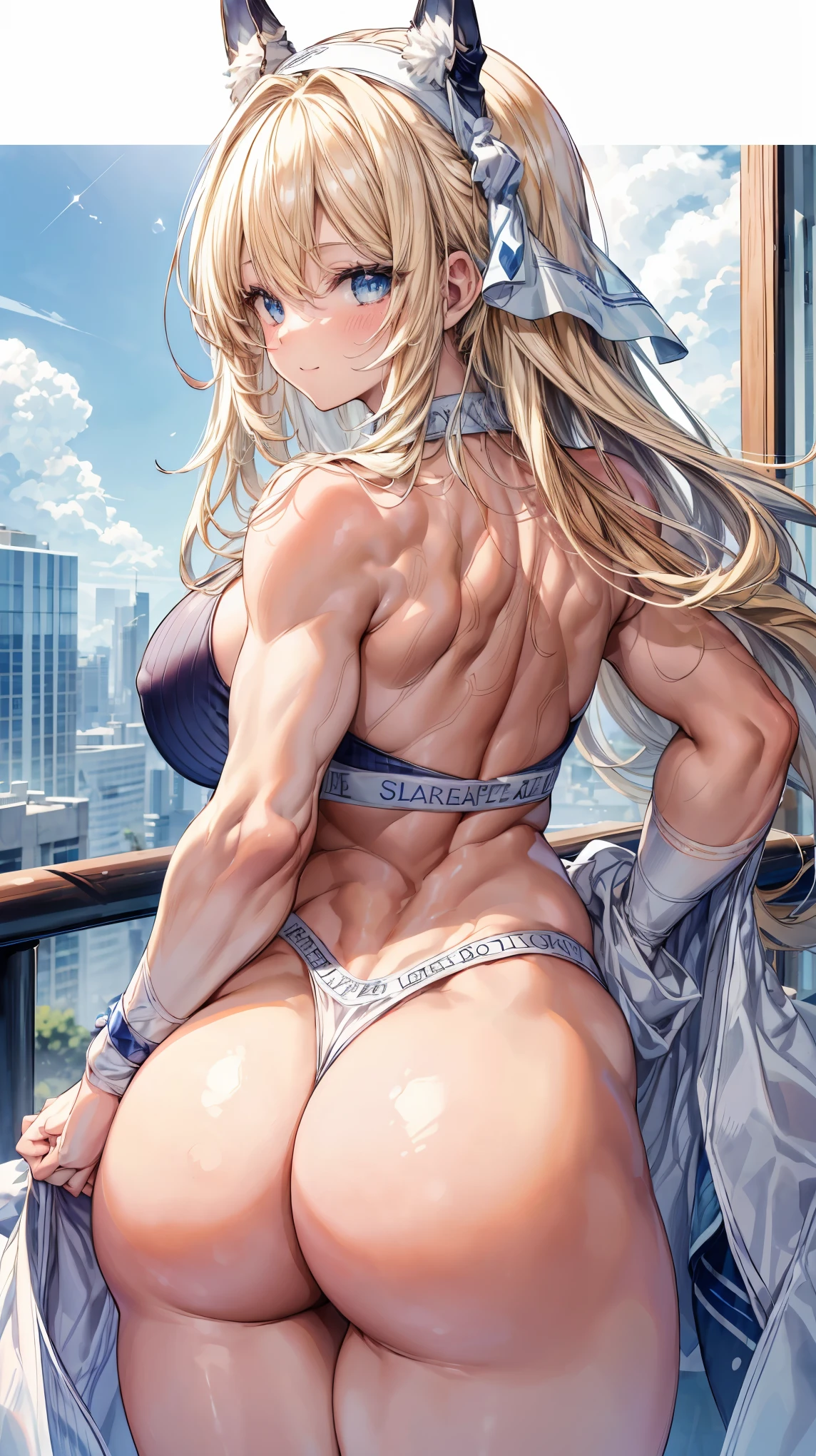 Super detailed、highest quality、Best image quality、masterpiece、8K、Sparkling Blue Eyes、Anime Face、A kind smile、Blonde Curly Hair、(SFW huge body)、(((Rear view)))、Cowboy Shot、Wearing a white thong、Muscles of the whole body、Wearing a white headband