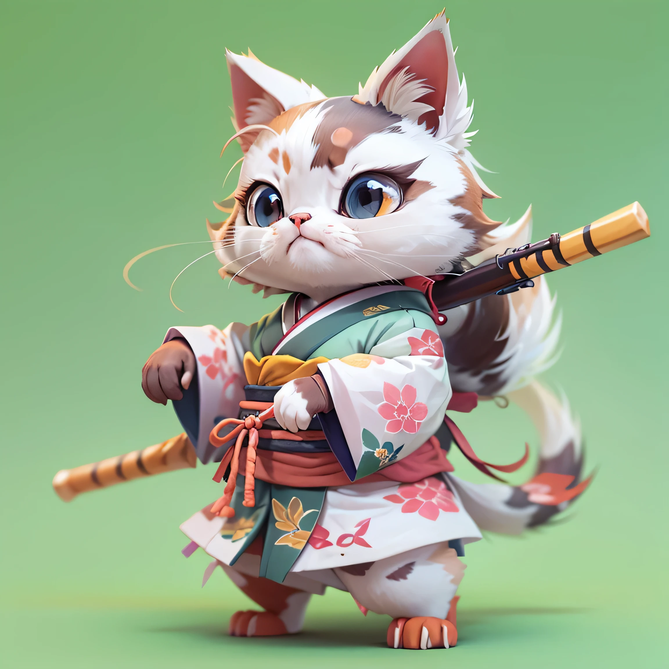 There is a cat wearing a kimono, Samurai Cat, anthropomorphic cat ninja, Adorable digital painting, Inspired by Miao Fu, Cute 3D rendering, 3d model of a japanese mascot, Cute and detailed digital art, anime cat, Cute digital art, japanese cgi, anthropomorphic female cat, Cute cat anime visuals