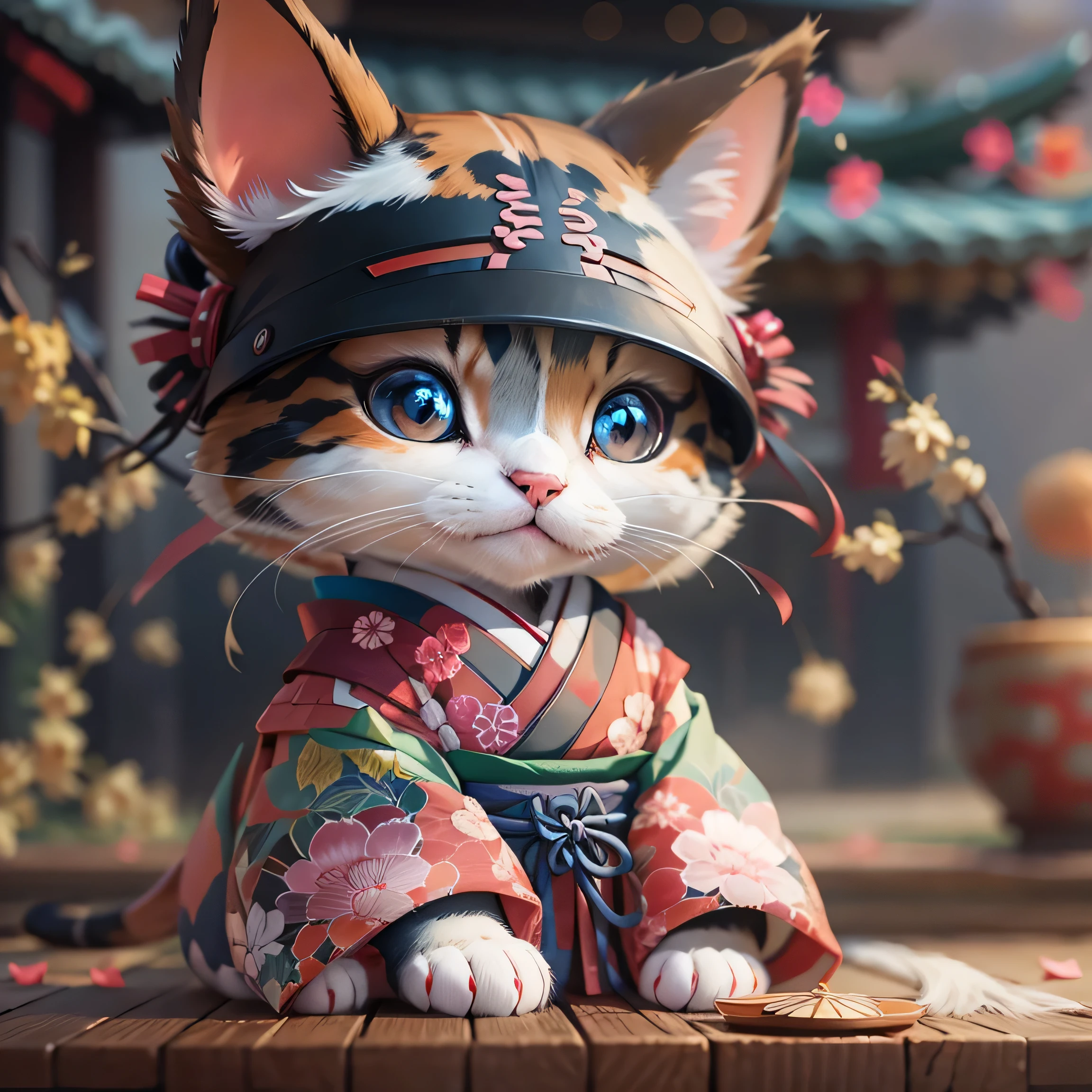 There is a cat wearing a kimono, Samurai Cat, anthropomorphic cat ninja, Adorable digital painting, Inspired by Miao Fu, Cute 3D rendering, 3d model of a japanese mascot, Cute and detailed digital art, anime cat, Cute digital art, japanese cgi, anthropomorphic female cat, Cute cat anime visuals