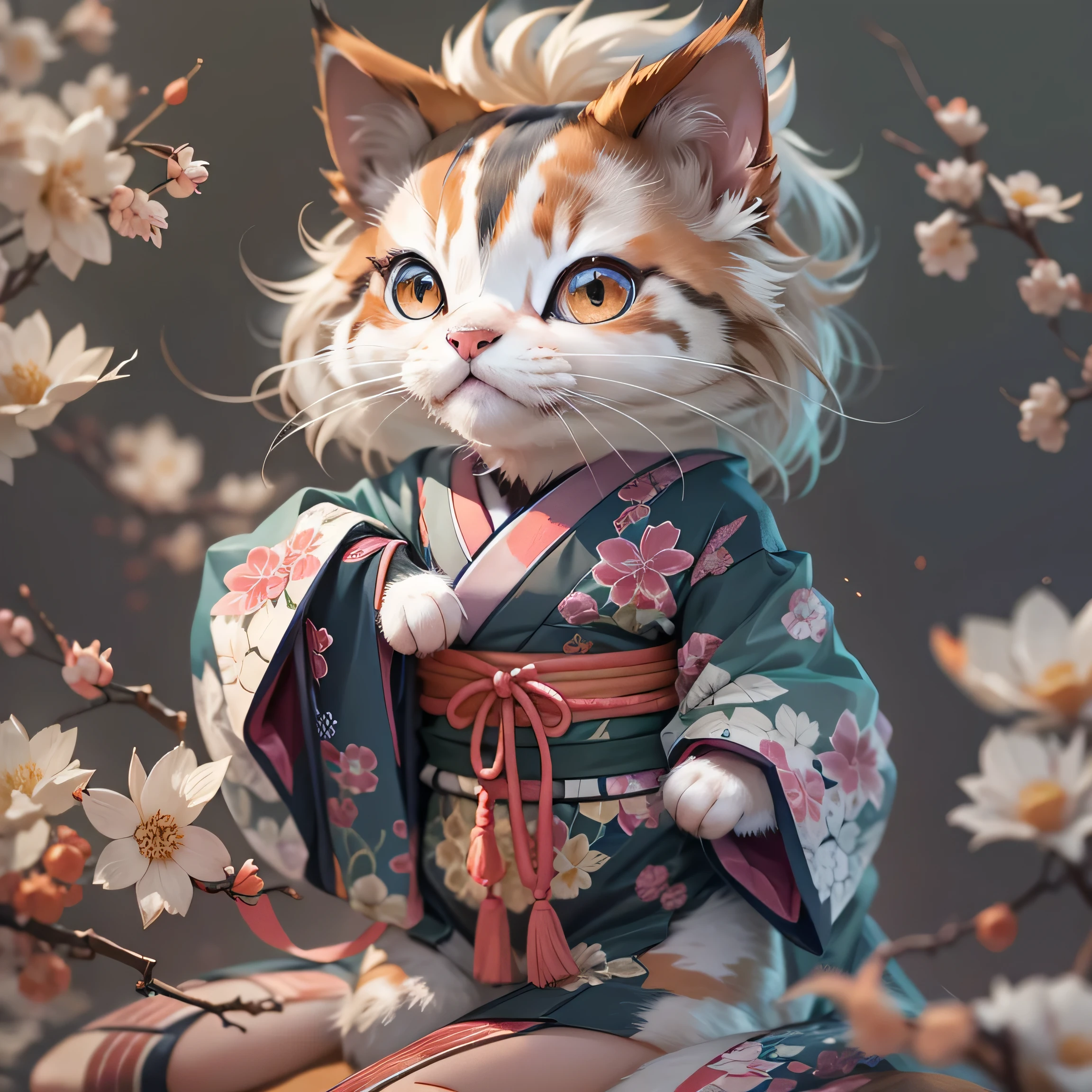 There is a cat wearing a kimono, Character portraits inspired by Miaofoo, Trending on CGSociety, fur art, Samurai Cat, anthropomorphic cat ninja, Adorable digital painting, Cute 3D rendering, 3d model of a japanese mascot, Cute and detailed digital art, anime cat, Cute digital art, japanese cgi