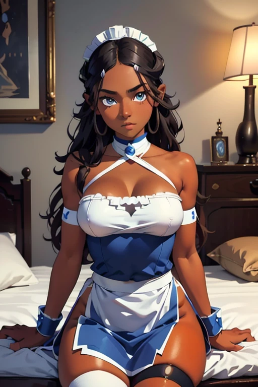 (masterpiece, best quality), 1girl,  katara, dark skin, dark-skinned female, large breasts, bedroom, cowboy shot, arms behind back, thigh strap, maid headdress, wrist cuffs,