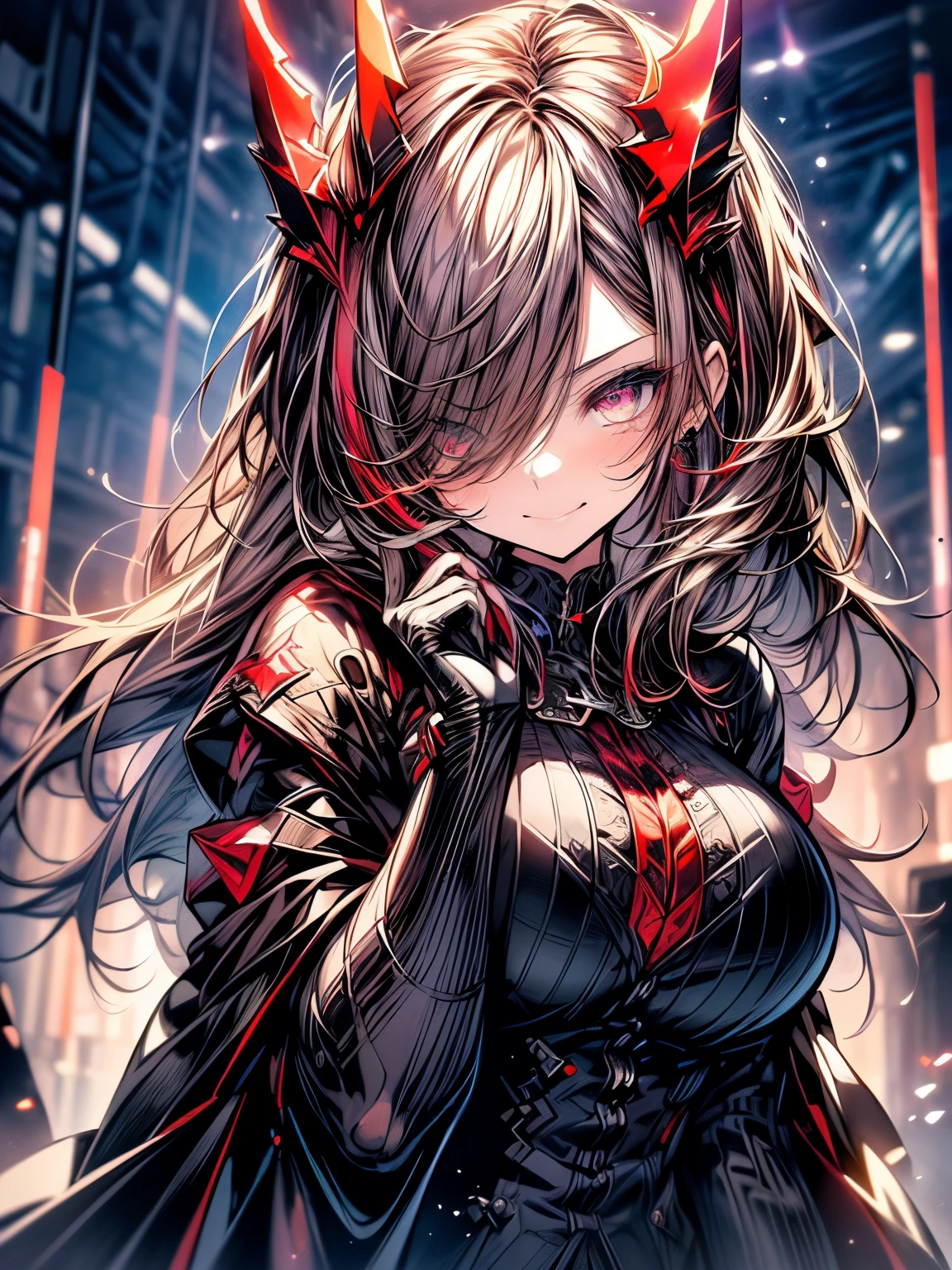 ((((masterpiece, best quality, ultra detail, very_high_resolution, large_filesize, full color)))), 1girl, smirk Smile, Devil's Horns, Devil's Wings, red sparkle in the eyes, ((ultra detailed eyes)), stick out tongue, ((Cute breasts)), one eye closed, contrast:red,black, 