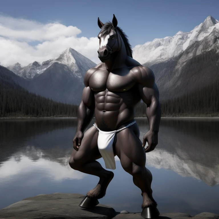 Furry, Antro, [Horse color Marron Plateado Oscuro metal] , [Fundoshi Bulto Male Big], [Fundoshi Blanco], Solo, [Bulto Male Big], Hooves , Big Balls, Detallado 4k, cuerpo completo, cuerpo furry silver dark, mountain lake, pupil Eyes, Alta resolucion, 