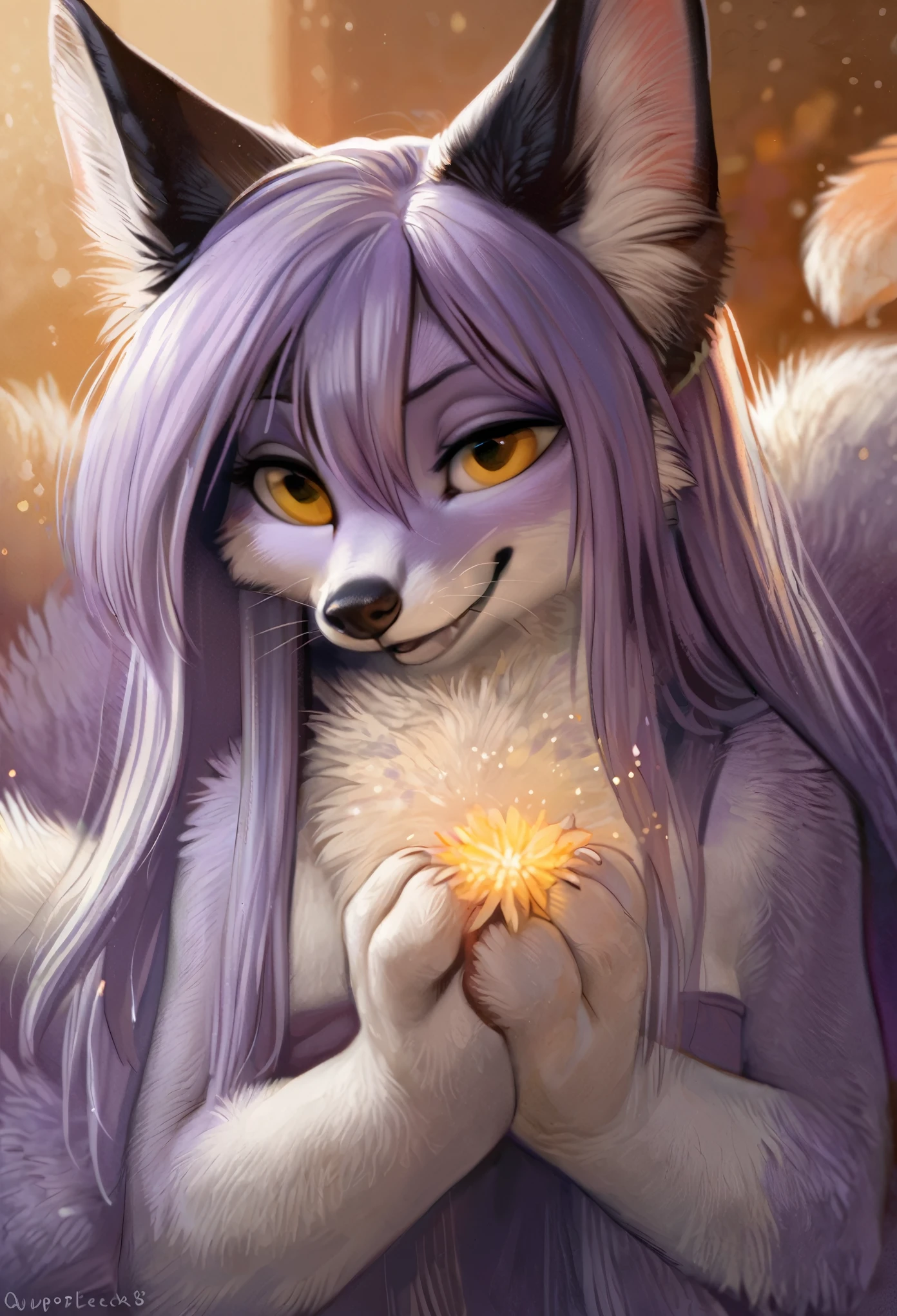 by kenket, by totesfleisch8, (by thebigslick, by silverfox5213:0.8), (by syuro:0.2), (by qupostuv35:1.2), (hi res), ((masterpiece)), ((best quality)), illustration,(anthro,furry,kemono),fox,kitsune,five tails,big paws,animal ears, body fur,1girl,solo,(plump,fat)(((lavender hair,long hair,blowout))),yellow eyes,purple fur,exposure blend, bokeh, furry fox nose, (hdr:1.4), high contrast, (cinematic, violet), (muted colors, dim colors, soothing tones:1.3), low saturation, (hyperdetailed:1.2), (noir:0.4),FurryCore,glitter,shiny