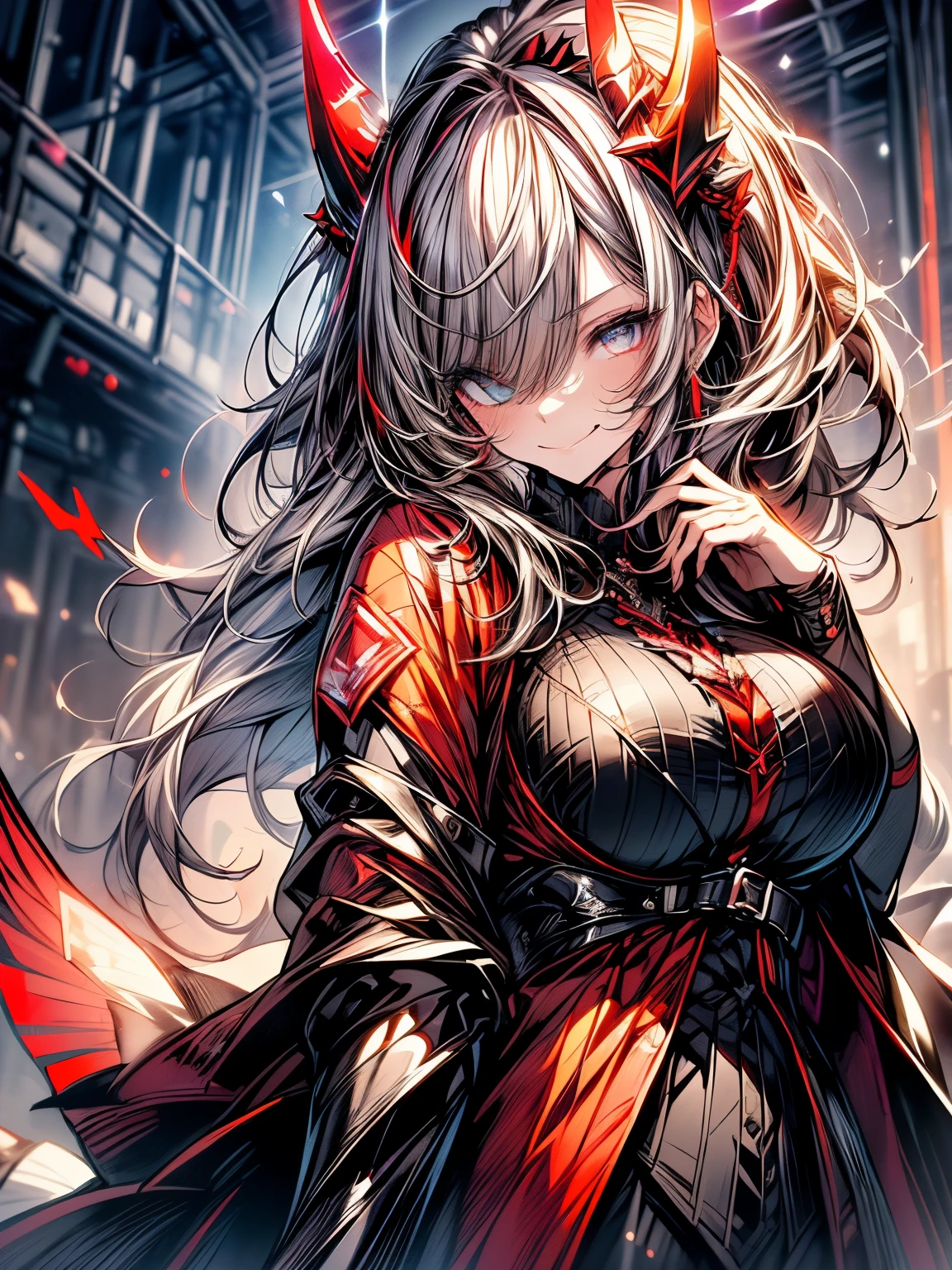 ((((masterpiece, best quality, ultra detail, very_high_resolution, large_filesize, full color)))), 1girl, smirk Smile, Devil's Horns, Devil's Wings, red sparkle in the eyes, ((ultra detailed eyes)), stick out tongue, ((Cute breasts)), one eye closed, contrast:red,black, 