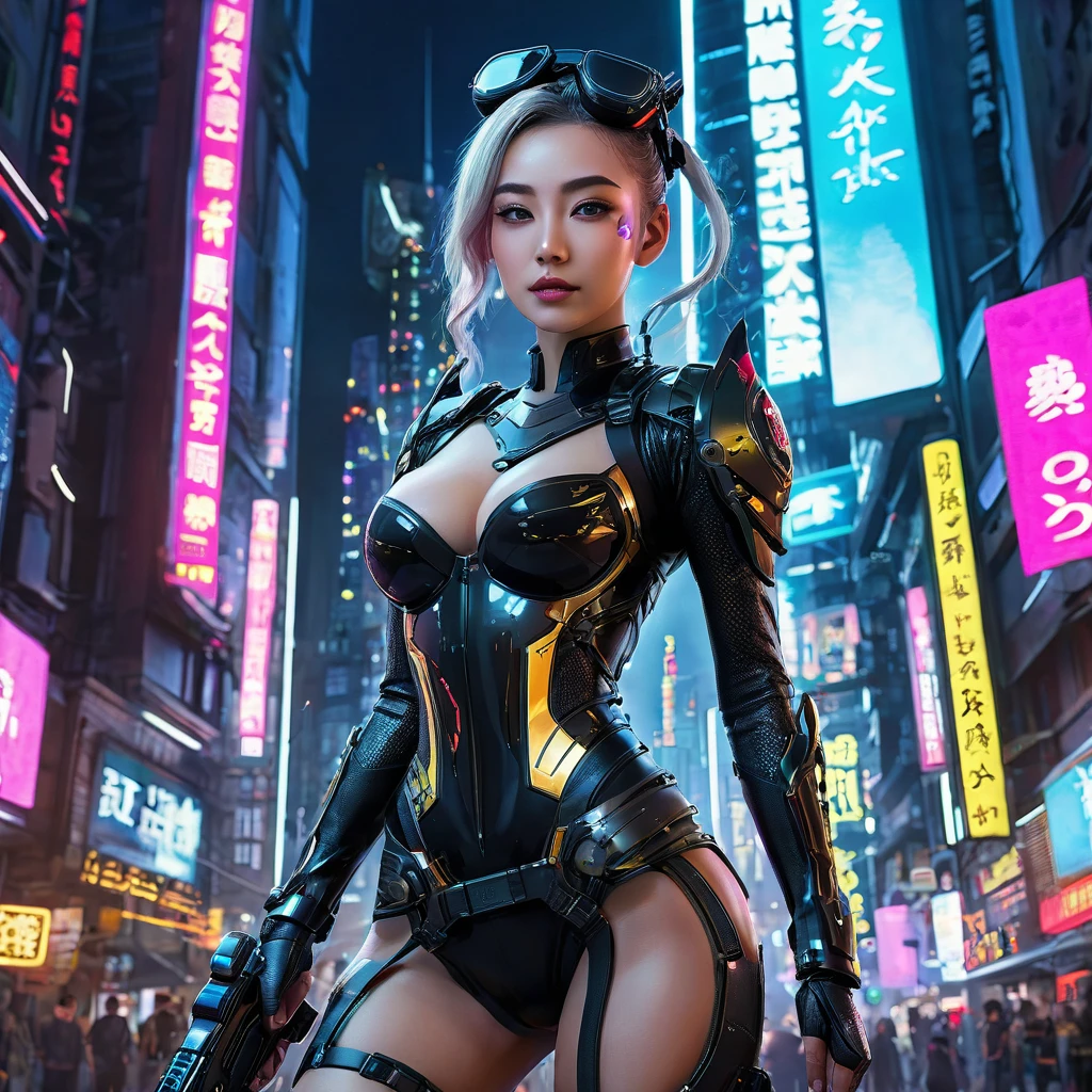 (highest quality、4k、8k、High resolution、masterpiece: 1.2)、Super detailed、(Real、Photorealistic、Photorealistic: 1.37)、SF、Beautiful young woman、very beautiful、Bounty Hunter、Cybernetic Weapons、Cyberspace、High Tech City、Shining neon lights、((Futuristic Fashion))、((Skin-tight, revealing clothing))、Mythical creatures、intense action、Fast-paced、Exciting soundtrack、explosion、Advanced technology、Sharp contrast、Gritty atmosphere、Black Market Trading、Skyline at night、Steampunk elements、Laser gun combat、Hidden Alley、hovering drone、Enhanced Vision、The unforgiving metropolis、Cybernetic Implants、Secret organizationysterious Informant、High Speed Chase、Impressive acrobatics、Colorful holograms、Urban Exploration、Navigating Virtual Reality、A diverse and multicultural society、Dystopian society、 Crowded city street、Hall々A high-rise building、Android Companion、Illegal cybernetic modifications、A heart-pounding adrenaline rush、Heroic determination、@maryna、crstrnmod