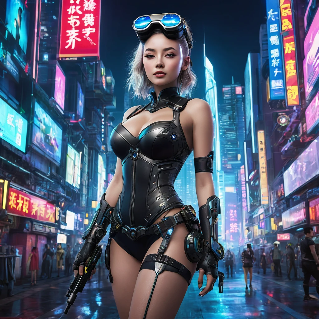 (highest quality、4k、8k、High resolution、masterpiece: 1.2)、Super detailed、(Real、Photorealistic、Photorealistic: 1.37)、SF、Beautiful young woman、very beautiful、Bounty Hunter、Cybernetic Weapons、Cyberspace、High Tech City、Shining neon lights、((Futuristic Fashion))、((Skin-tight, revealing clothing))、Mythical creatures、intense action、Fast-paced、Exciting soundtrack、explosion、Advanced technology、Sharp contrast、Gritty atmosphere、Black Market Trading、Skyline at night、Steampunk elements、Laser gun combat、Hidden Alley、hovering drone、Enhanced Vision、The unforgiving metropolis、Cybernetic Implants、Secret organizationysterious Informant、High Speed Chase、Impressive acrobatics、Colorful holograms、Urban Exploration、Navigating Virtual Reality、A diverse and multicultural society、Dystopian society、 Crowded city street、Hall々A high-rise building、Android Companion、Illegal cybernetic modifications、A heart-pounding adrenaline rush、Heroic determination、@maryna、crstrnmod