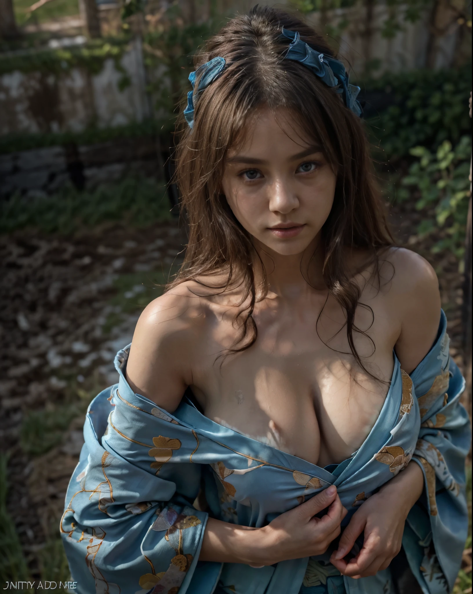 (best quality,4k,8k,highres,masterpiece:1.2),ultra-detailed,(realistic,photorealistic,photo-realistic:1.4), profesional photograph by dubnitskiy davids, natural light, close up portraits, a beautiful young japanese girl, wearing ((blue kimono that hanging down and exposed her shoulders:1.4), bottomless, seductive looks, soft glow, elegant beauty, detailed blue grey eyes, sensual pose, delicate skin texture, flowing messy hair, innocent expression, skinny posture, collarbone, naturally sagging breast, huge breast, (slim abs:1.0), (hug up her breast by her hand:1.3), (dirty field in daylight:1.4), subtle shadows, dirty background, shallow depth of field, high contrast, foggy atmosphere, fine art photography, facing forward, high angle, (seen from above:1.2), photon mapping, erotic, aesthetic