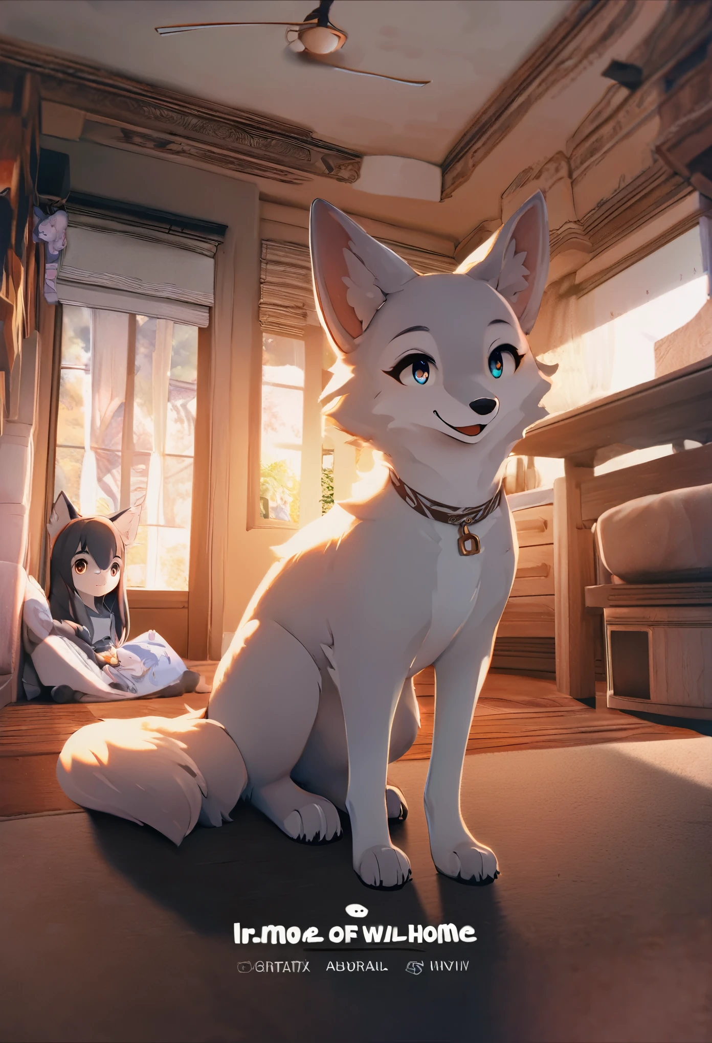 cover page, anime key visual, highres, top quality, best quality, paid reward available, High-quality illustrations, unparalleled masterpiece, perfect artwork, absurdres(home video, 1girl, husband of wolf)family, in house, in room, smile, happy, perfect anatomy, fan-created work shared on platforms Pixiv or Twitter, cinematic lighting,