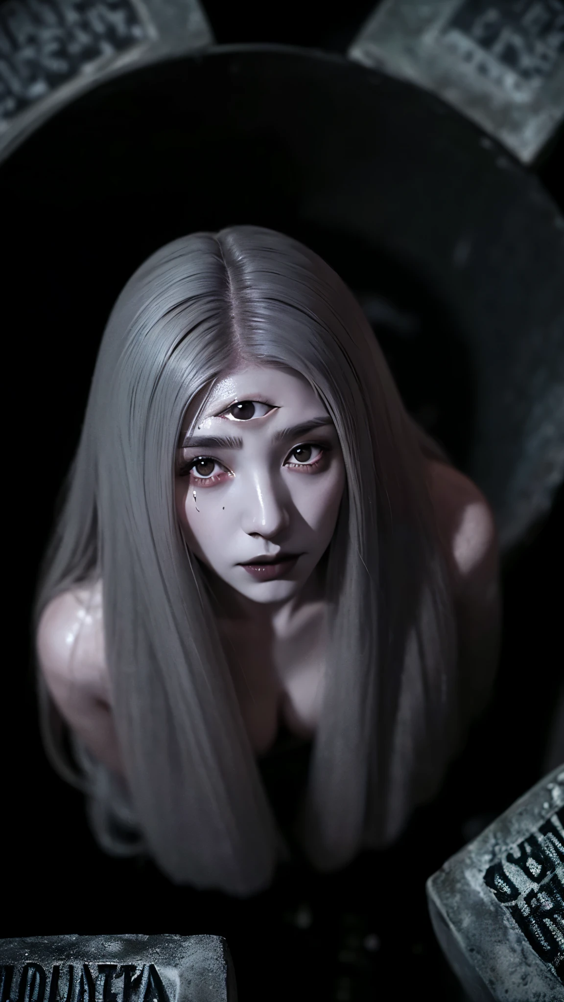 (ultra high definition, 8K, masterpiece: 1.3) ((long gray hair)) ((pale skin)) ((black lips)) A moist and shiny body soaked in sweat, She is surrounded by headstones and the background is a dark cemetery.,depth of field, fish eye lens, highest detail, from above, eyes on forehead, third eye