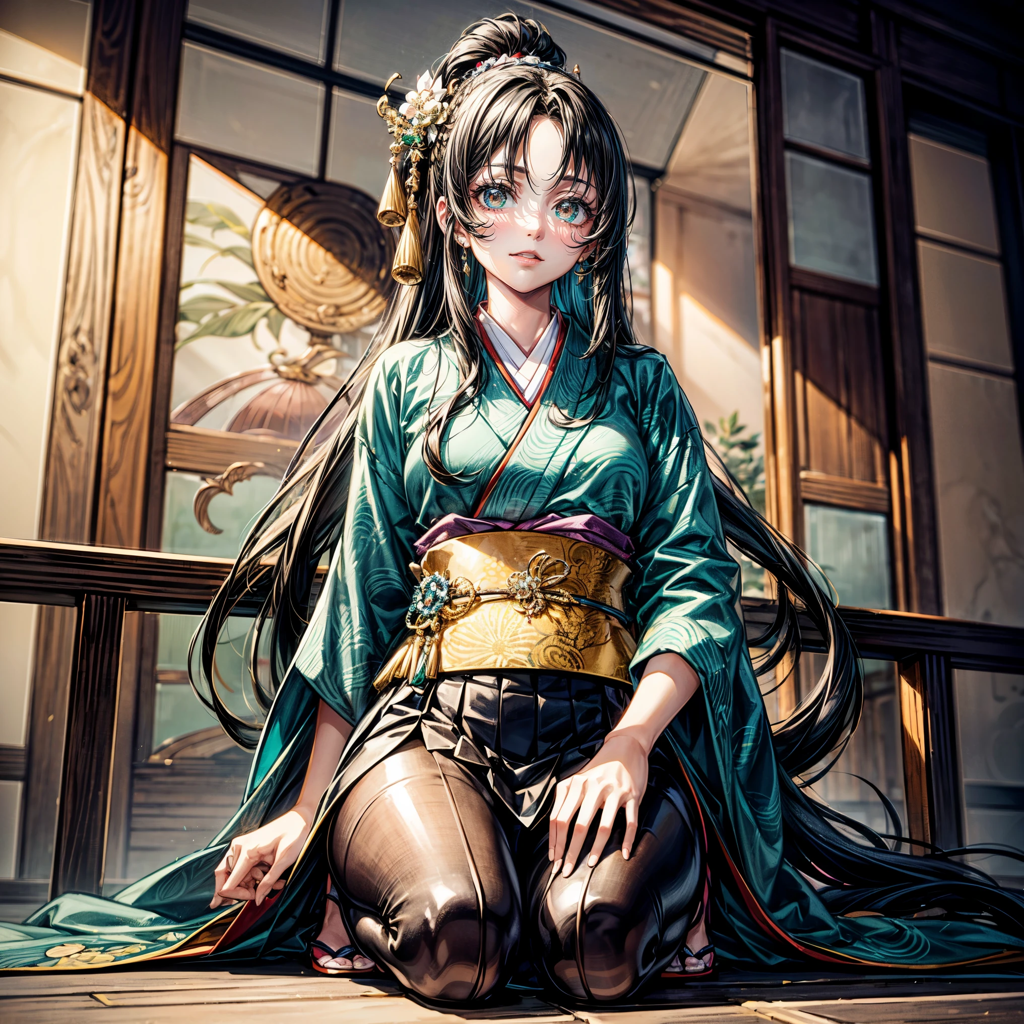 masterpiece,highest quality,Ultra high definition, Ono no Komachi, ancient Japanese court, graceful, elegant, kimono, deep jade green eyes, jet black hair, long flowing straight hair, golden hairpin, calm and pensive expression,Center parted haircut,hair parted in the middle,Deep jade green eyes, forehead,jade green eyes,smile, center parted ponytail, whole body, Half up haircut