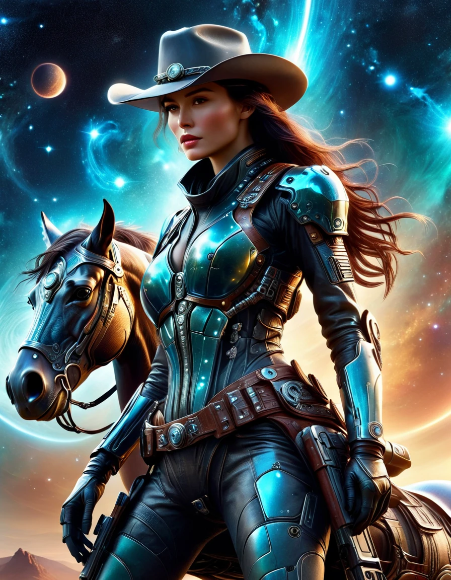 Digital artwork featuring a woman in a futuristic, interstellar cowboy outfit, blending Western themes with alien technology. She holds guns in both hands while riding a mechanical warhorse, set against the backdrop of the cosmos. The image captures a dynamic and visually striking scene, showcasing advanced technology and the timeless allure of the cowboy aesthetic, all enhanced by the vastness of outer space. The composition combines detailed realism with a sense of wonder and adventure typical of science fiction.