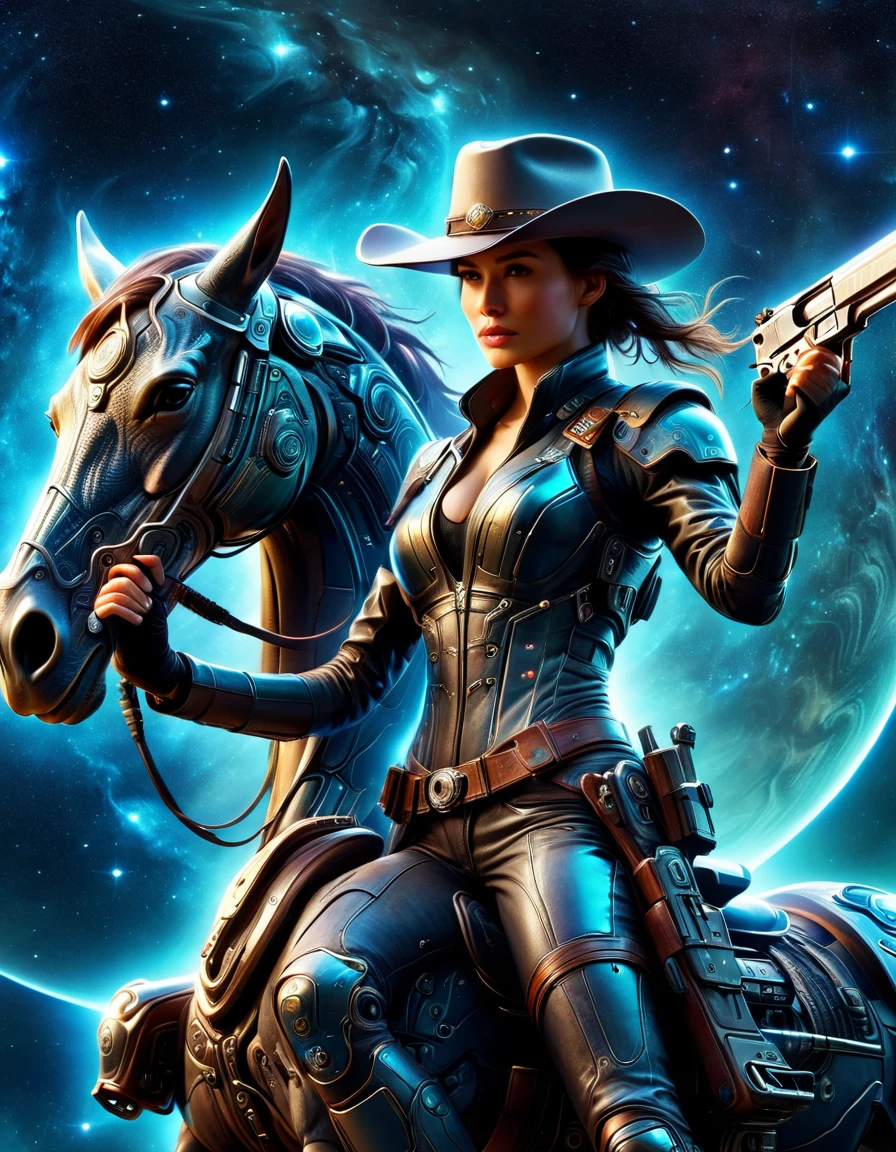 Digital artwork featuring a woman in a futuristic, interstellar cowboy outfit, blending Western themes with alien technology. She holds guns in both hands while riding a mechanical warhorse, set against the backdrop of the cosmos. The image captures a dynamic and visually striking scene, showcasing advanced technology and the timeless allure of the cowboy aesthetic, all enhanced by the vastness of outer space. The composition combines detailed realism with a sense of wonder and adventure typical of science fiction.