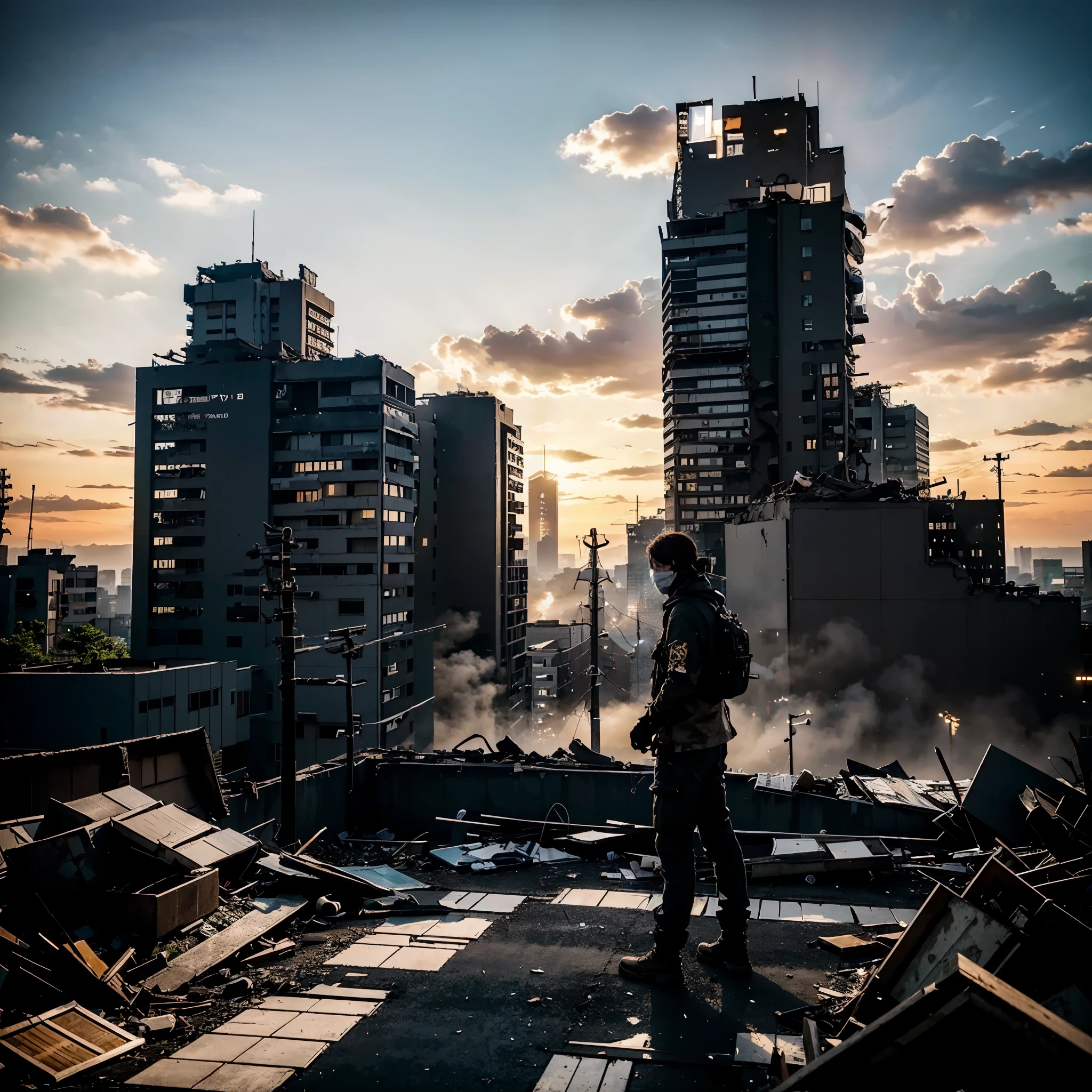 AERIAL VIEW, A JAPANESE SNIPER, WEARING A MASK AND GLOVES, ON TOP OF A BUILDING, SUN RISE, LOOKING TO THE ULTRA DATAILED POST-APOCALYPSE RUINED AND DESTROYED TOKYO CITY, HOSTILE ENVIRONMENT, IMPACTFUL VISUAL DESTRUCTION, STYLE THE LAST OF US, outdoor PHOTO, CINEMATIC LIGHTING, PHOTOREALISTIC DETAILS, DYNAMIC SHADOWS ,ATMOSPHERIC EFFECTS, LIFELIKE TEXTURES, HIGH-DEFINITION, IMMERSIVE ENVIRONMENT, SUBTLE COLOR GRADING, AUTHENTIC ATMOSPHERE, DETAILED TEXTURES, FANTASY, UNREAL ENGINE 5, ray tracing, award winning photo, MASTERPIECE photograpy, trending on artstation, HDR, UHD, 4K, BY NAUGHTY DOG