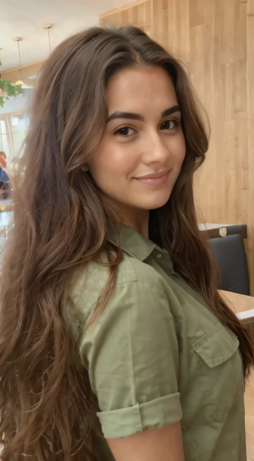 A 21-year-old eastern slavic woman, ((hiperrealismo)) , fair brown hair, thin lips, really long hair, Beautiful, Front view, selfie, photo taken with iPhone, elegant green shirt with escote, escotada, selfie in the cafe, high quality, selfie iPhone, shy smile, light-color-eyes