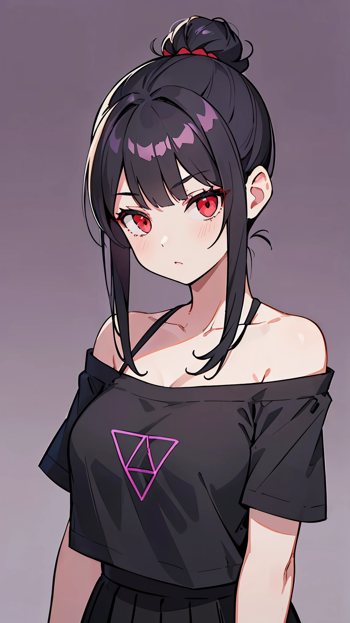 (Girl1,triangle face,red eyes),(black hair,top Knot hairstyle),(purple t-shirt off-the-shoulder neckline,short skirt),standing,white wallpaper,Highly detailed ,8K wallpapers،Highest quality, high resolution, beautiful lighting, detailed shadow,high resolution،highly detailed,detailed faces and eyes,realistic eyes