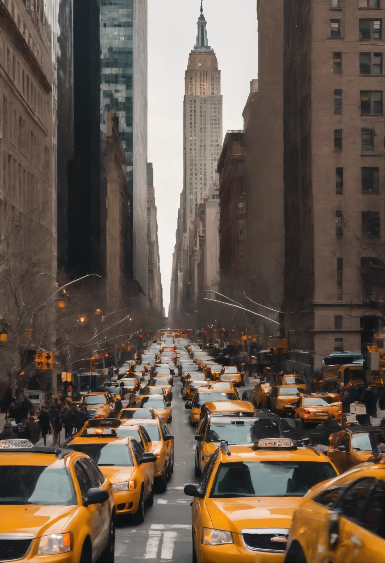 Describe a vibrant, bustling street scene in New York City, emphasizing the realistic and gritty atmosphere of the metropolis. Include details such as towering skyscrapers casting long shadows over the busy sidewalks, crowds of diverse people navigating their way, and the ever-present yellow taxis that zip through the streets. Capture the essence of the city's dynamic energy and the distinct urban landscape that defines New York, New York.