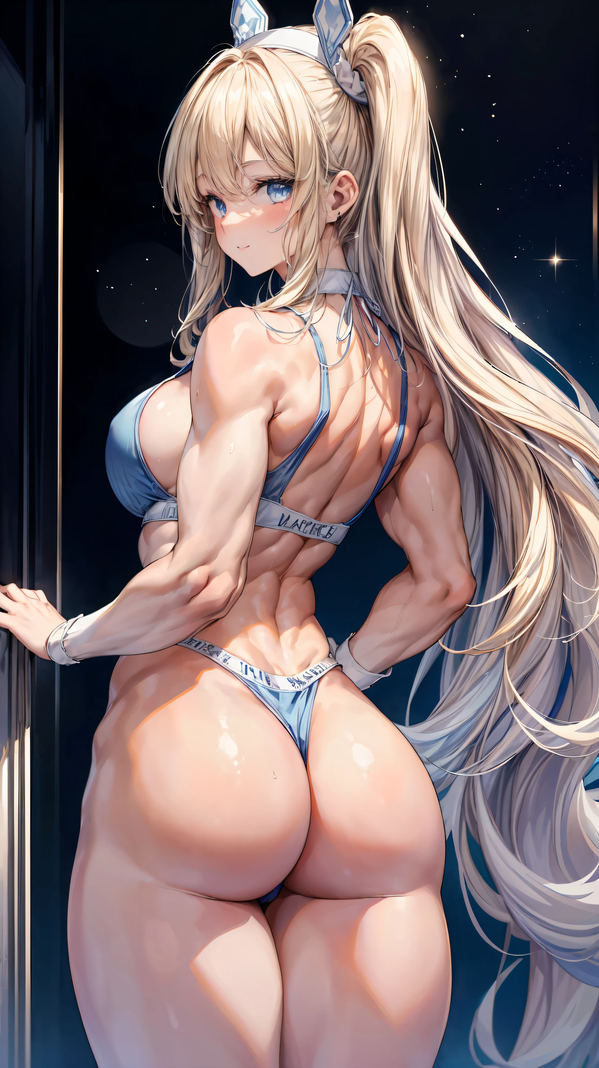 Super detailed、highest quality、Best image quality、masterpiece、8K、Sparkling Blue Eyes、Anime Face、A kind smile、Long blonde curly hair、(SFW huge body)、(((Rear view)))、Cowboy Shot、Wearing a white thong、Muscles of the whole body、Wearing a white headband