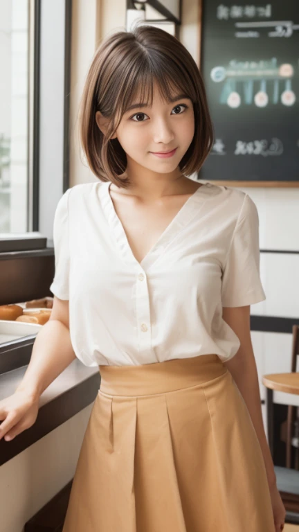 highest quality,Best image quality,Ultra-high resolution,8K,(Hyperrealism:1.1),High saturation,(Realistic:1.2),Accurate anatomy,Depth of written boundary,Ideal Body,Japanese,18 year old beautiful girl,Beauty,cute,A kind smile,Brown Hair,Short Bob Hair,(Droopy eyes:1.2),slightly thin lips,E cup breasts,Soft Breasts,Rounded ass,Realistic Skin,(sunburned:1.4),(Wheat skin:1.4),(Height: 154cm:1.2),1 girl,The whole body is visible,(Cafe staff:1.4),のcuteランダムなポーズ,Stylish cafe,(Light brown skirt:1.2),(White blouse:1.2),