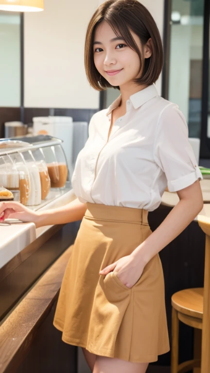 highest quality,Best image quality,Ultra-high resolution,8K,(Hyperrealism:1.1),High saturation,(Realistic:1.2),Accurate ???????,Depth of written boundary,Ideal Body,Japanese,18 year old beautiful girl,Beauty,cute,A kind smile,Brown Hair,Short Bob Hair,(Droopy eyes:1.2),slightly thin lips,E cup breasts,Soft Breasts,Rounded ass,Realistic Skin,(sunburned:1.4),(Wheat skin:1.4),(Height: 154cm:1.2),1 girl,The whole body is visible,(Cafe staff:1.4),女の子のcuteランダムなポーズ,Stylish cafe,(Light brown skirt:1.2),(White blouse:1.2),
