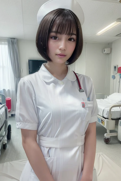 1 girl,(Wearing white nurse clothes:1.2),(Raw photo, highest quality), (Realistic, photo-Realistic:1.4), masterpiece, Very delicate and beautiful, very detailed, 2k wallpaper, wonderful, finely, very detailed CG unity 8k wallpaper, Very detailed, High resolution, Soft Light, Beautiful detailed girl, very detailed eyes and face, Beautifully detailed nose, finely beautiful eyes, nurse, Perfect Anatomy, Black Hair, Upstyle, nurse uniform, ((nurse cap)), Long skirt, nurse, White costume, thin, hospital, clear, White uniform, hospital room, Neck auscultation, Short Hair, ((fluffy bob cut)), 