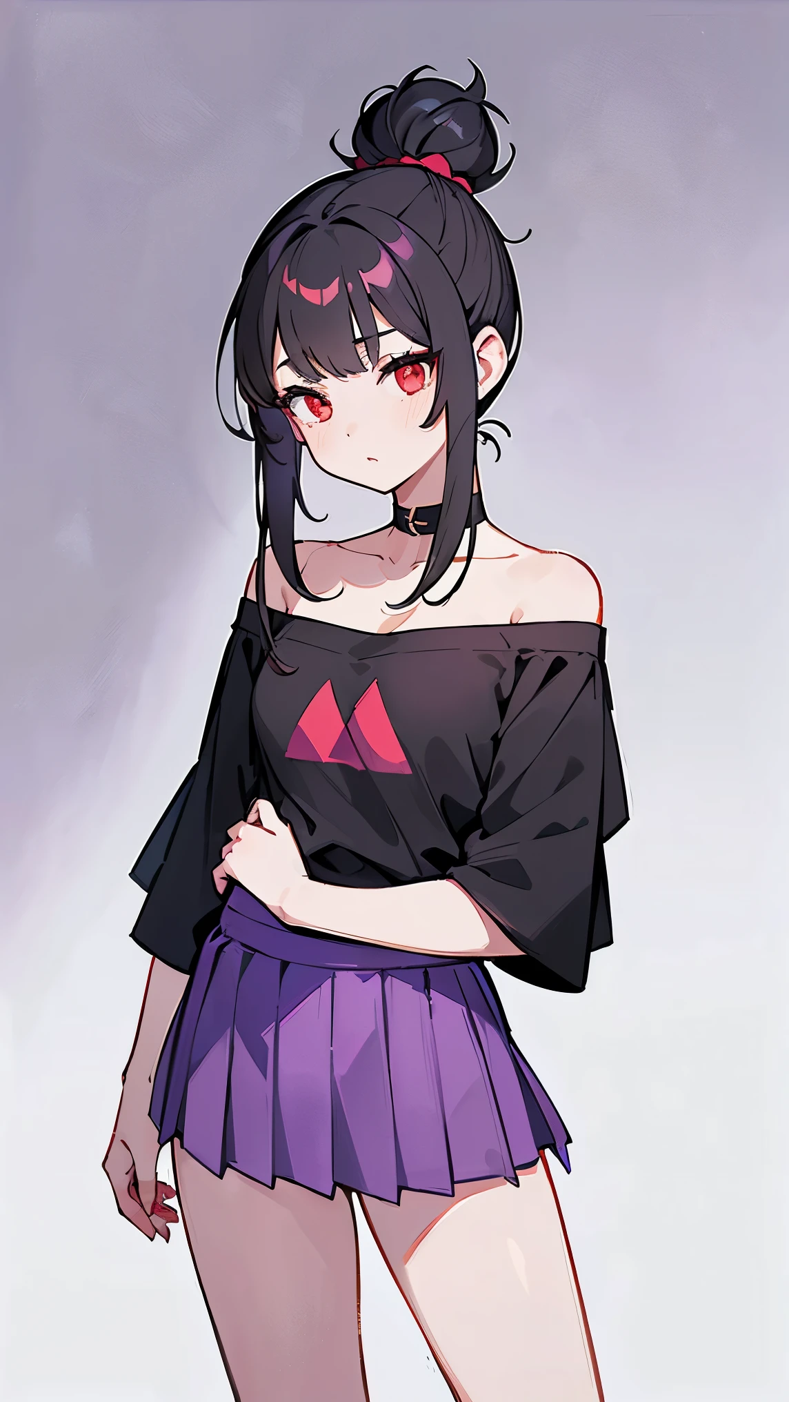 (Girl1,triangle face,red eyes),(black hair,top Knot hairstyle),(purple t-shirt off-the-shoulder neckline,short skirt),standing,white wallpaper,Highly detailed ,8K wallpapers،Highest quality, high resolution, beautiful lighting, detailed shadow,high resolution،highly detailed,detailed faces and eyes,realistic eyes